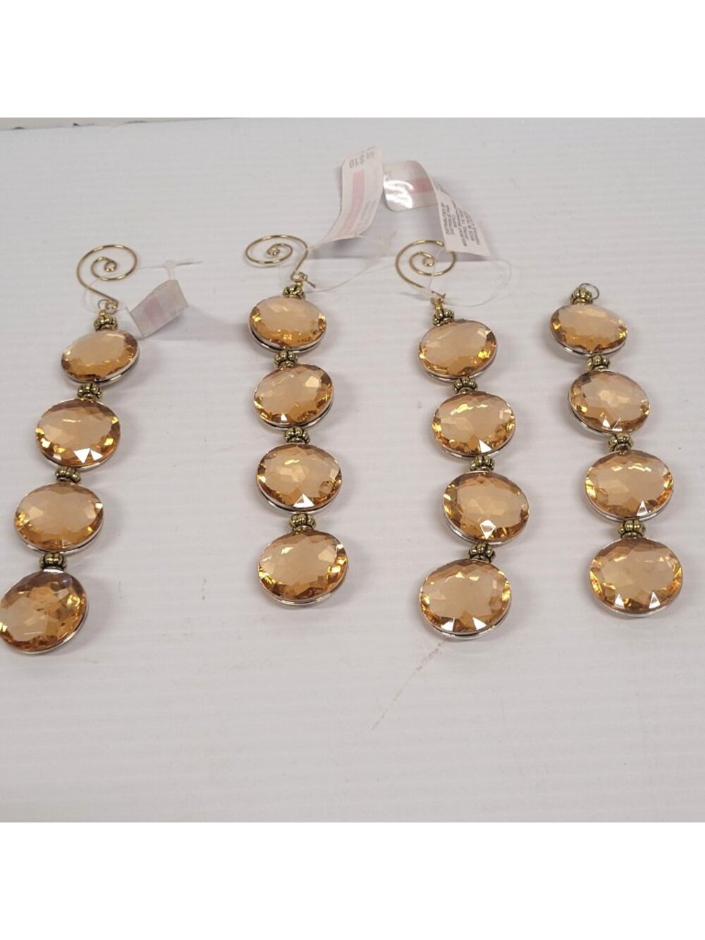 Ornaments 4 Amber Color Crystal Gold Tone Metal Linear Faceted Gold Bead Accents